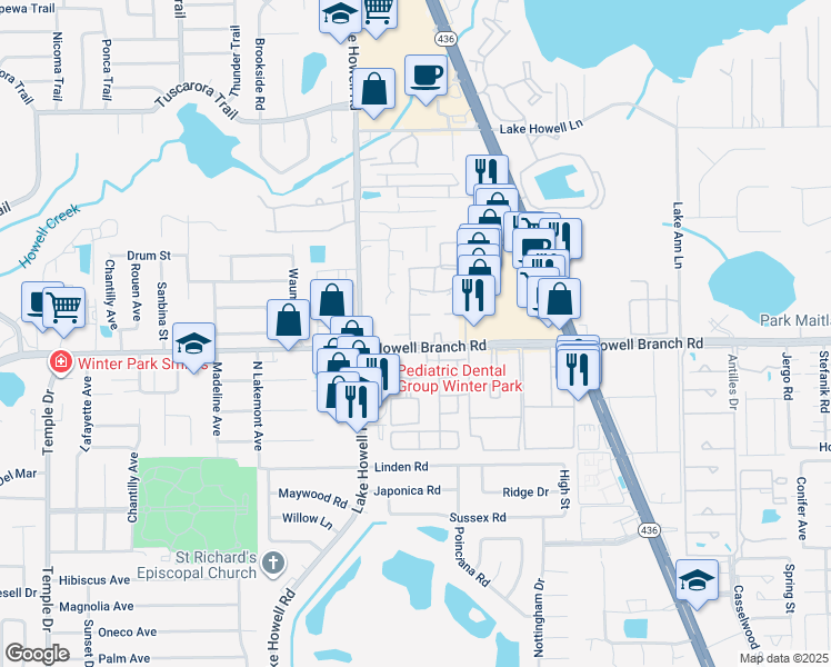 map of restaurants, bars, coffee shops, grocery stores, and more near 2101 Howell Branch Road in Maitland