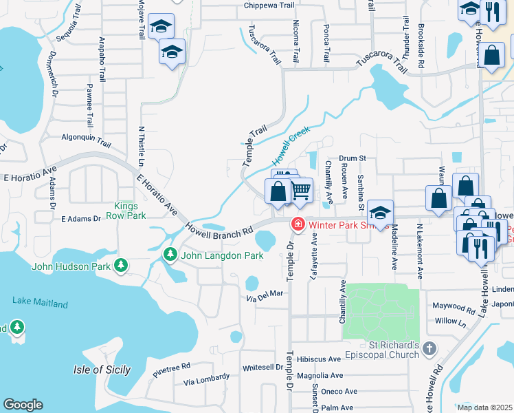 map of restaurants, bars, coffee shops, grocery stores, and more near 2607 Temple Trail in Winter Park