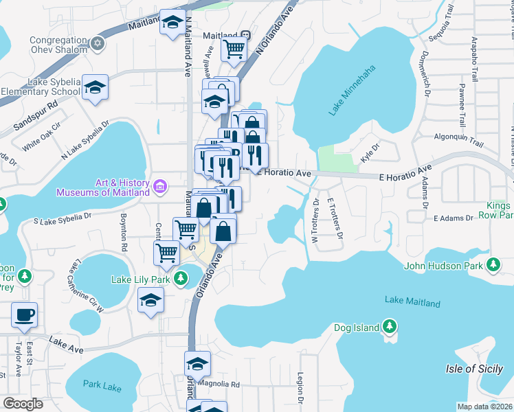 map of restaurants, bars, coffee shops, grocery stores, and more near 430 East Packwood Avenue in Maitland