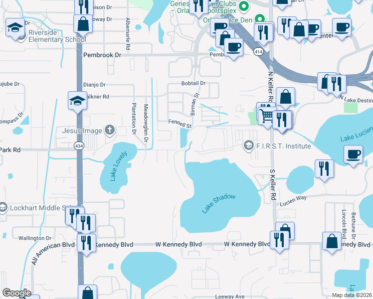 map of restaurants, bars, coffee shops, grocery stores, and more near 2101 Riverside Park Road in Orlando