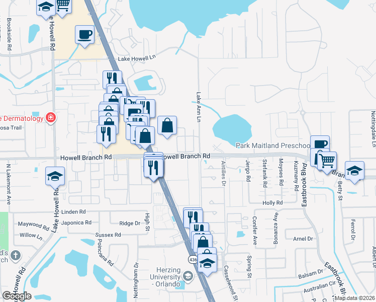 map of restaurants, bars, coffee shops, grocery stores, and more near 1501 Florentino Lane in Winter Park