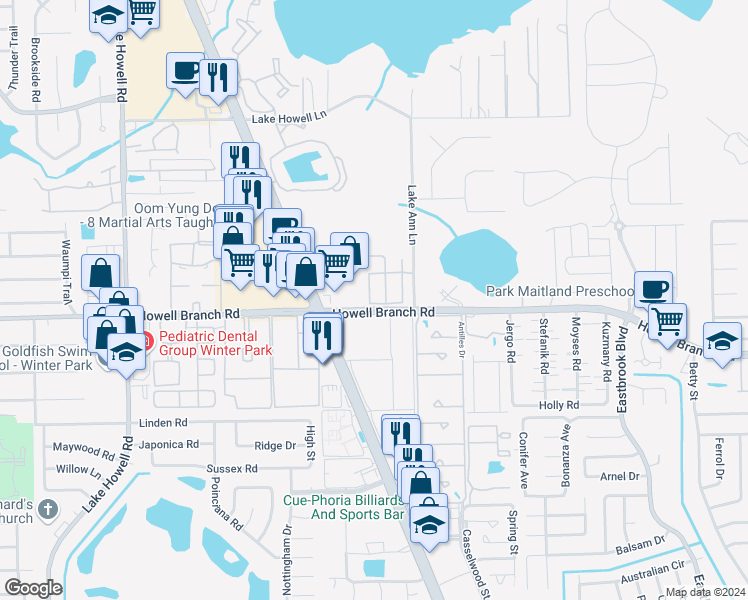map of restaurants, bars, coffee shops, grocery stores, and more near 2593 Galliano Circle in Winter Park