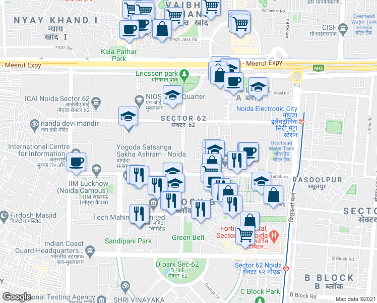 map of restaurants, bars, coffee shops, grocery stores, and more near Vishwas Marg in Noida