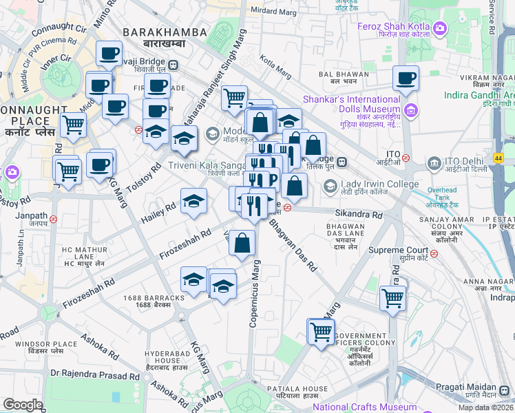 map of restaurants, bars, coffee shops, grocery stores, and more near in New Delhi