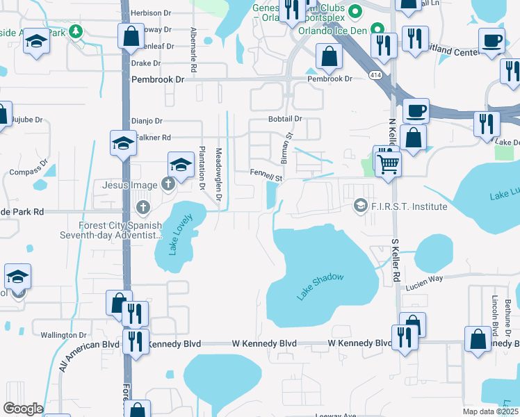 map of restaurants, bars, coffee shops, grocery stores, and more near 2101 Riverside Park Road in Orlando