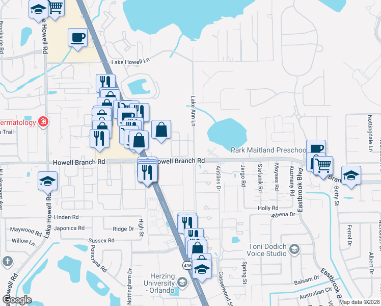 map of restaurants, bars, coffee shops, grocery stores, and more near 2656 Galliano Circle in Winter Park