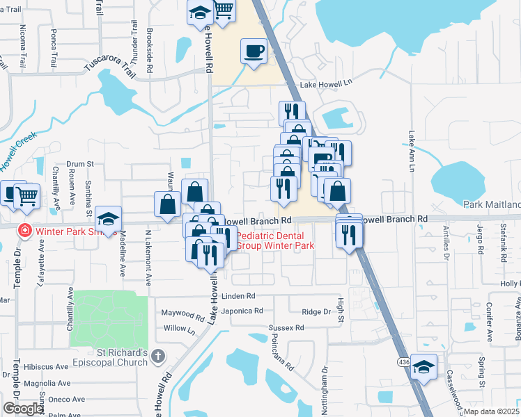 map of restaurants, bars, coffee shops, grocery stores, and more near 416 Banyon Tree Circle in Maitland