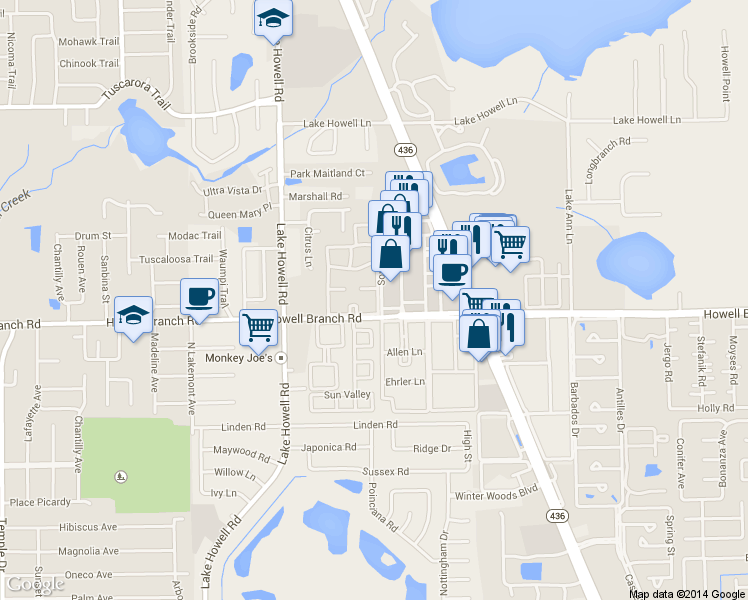 map of restaurants, bars, coffee shops, grocery stores, and more near 440 Banyon Tree Circle in Maitland