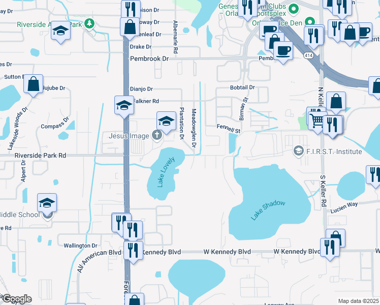 map of restaurants, bars, coffee shops, grocery stores, and more near 7600 Plantation Drive in Orlando
