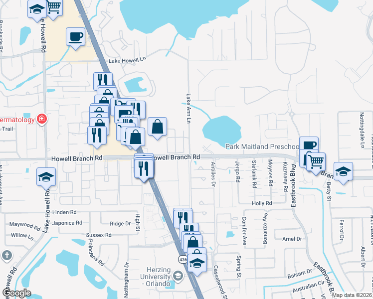 map of restaurants, bars, coffee shops, grocery stores, and more near 2656 Galliano Circle in Winter Park