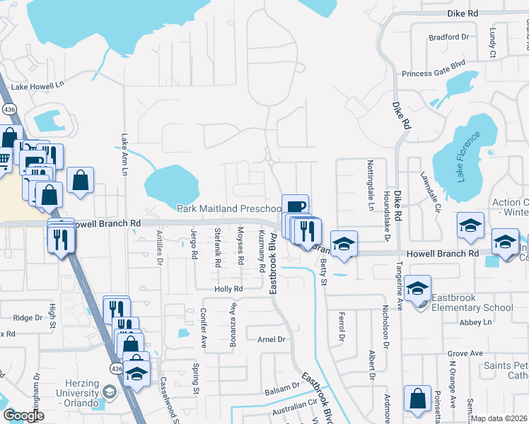 map of restaurants, bars, coffee shops, grocery stores, and more near 2511 Firstlight Way in Winter Park