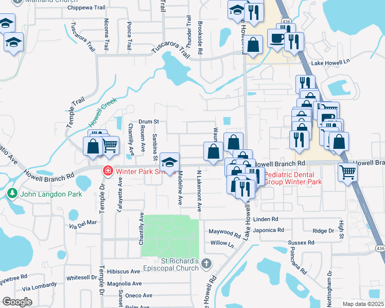 map of restaurants, bars, coffee shops, grocery stores, and more near 2519 Sweetwater Trail in Winter Park