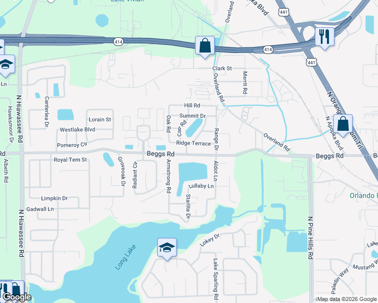 map of restaurants, bars, coffee shops, grocery stores, and more near 6357 Beggs Rd in Orlando