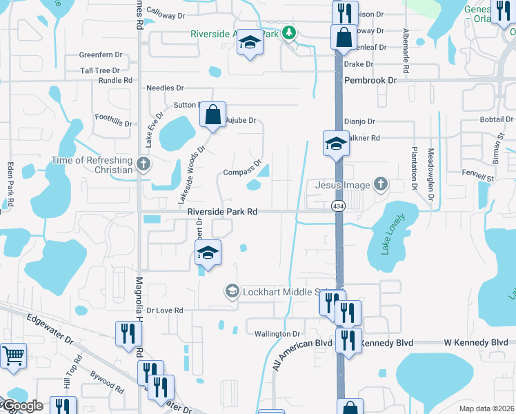 map of restaurants, bars, coffee shops, grocery stores, and more near 3233 Riverside Park Road in Orlando