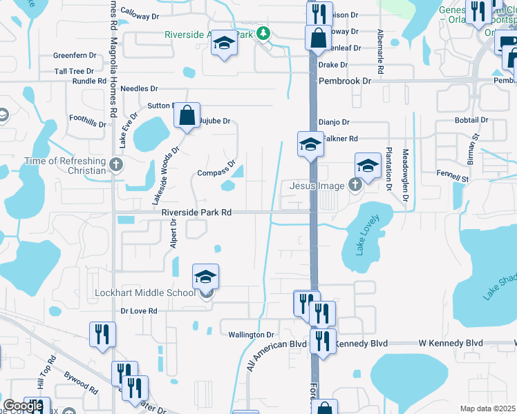map of restaurants, bars, coffee shops, grocery stores, and more near 3065 Riverside Park Road in Orlando