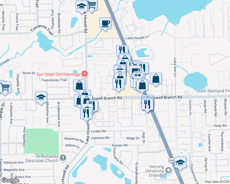 map of restaurants, bars, coffee shops, grocery stores, and more near 440 Banyon Tree Circle in Maitland