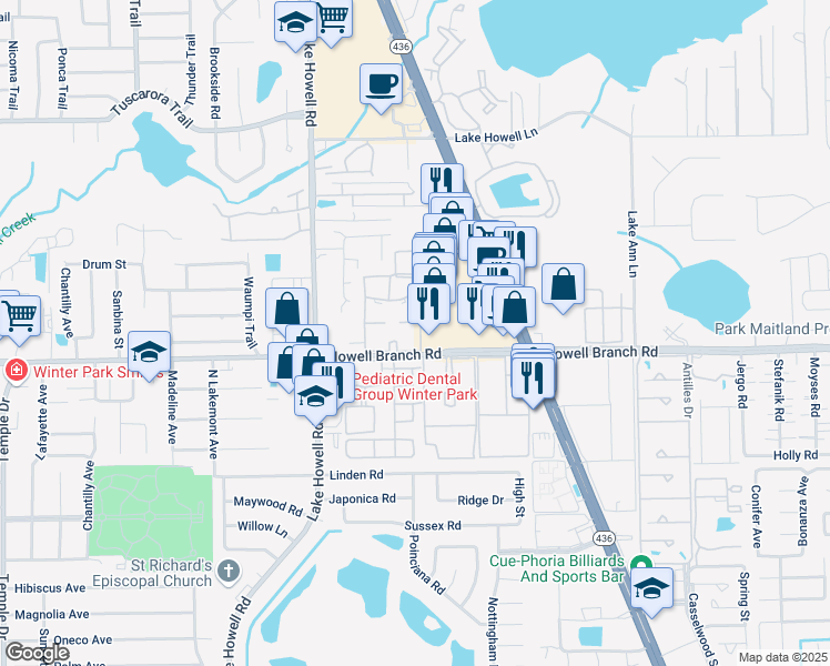 map of restaurants, bars, coffee shops, grocery stores, and more near 251 Sorrento Circle in Maitland