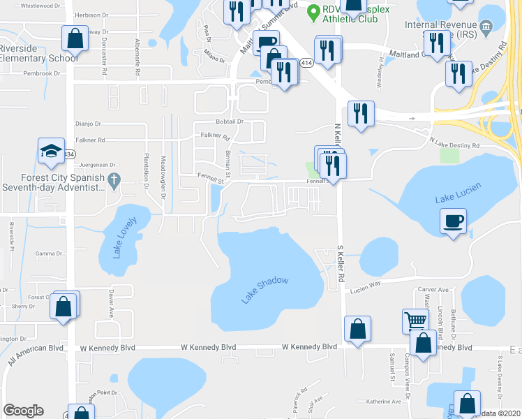 map of restaurants, bars, coffee shops, grocery stores, and more near 1475 Lake Shadow Circle in Maitland