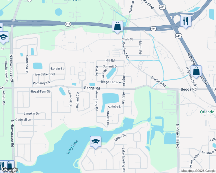 map of restaurants, bars, coffee shops, grocery stores, and more near 6357 Beggs Road in Orlando