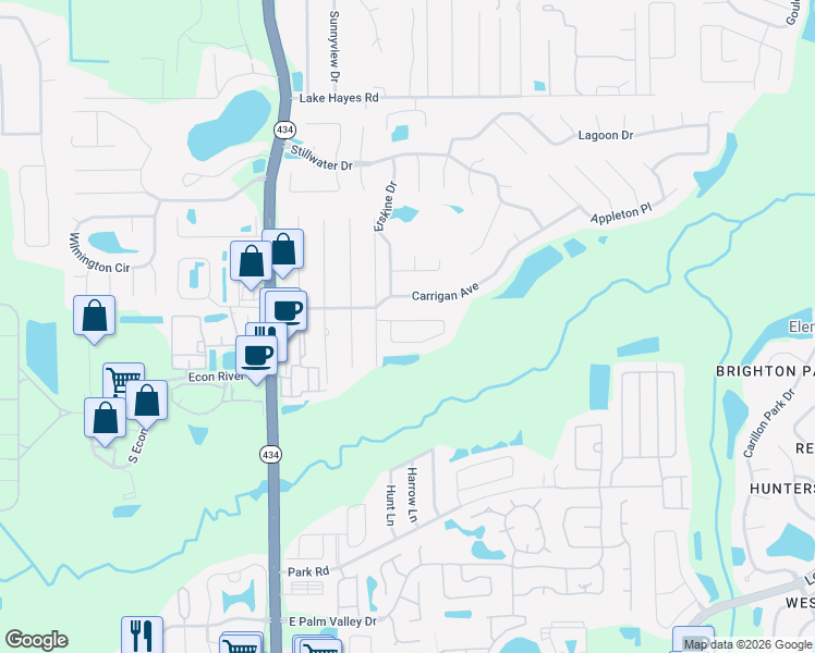 map of restaurants, bars, coffee shops, grocery stores, and more near 577 Carrigan Woods Trail in Oviedo