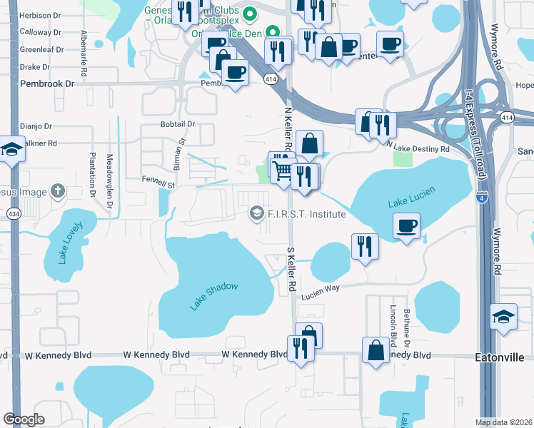 map of restaurants, bars, coffee shops, grocery stores, and more near 2941 Shadow View Circle in Maitland