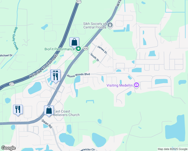 map of restaurants, bars, coffee shops, grocery stores, and more near 5864 Pine Grove Run in Oviedo