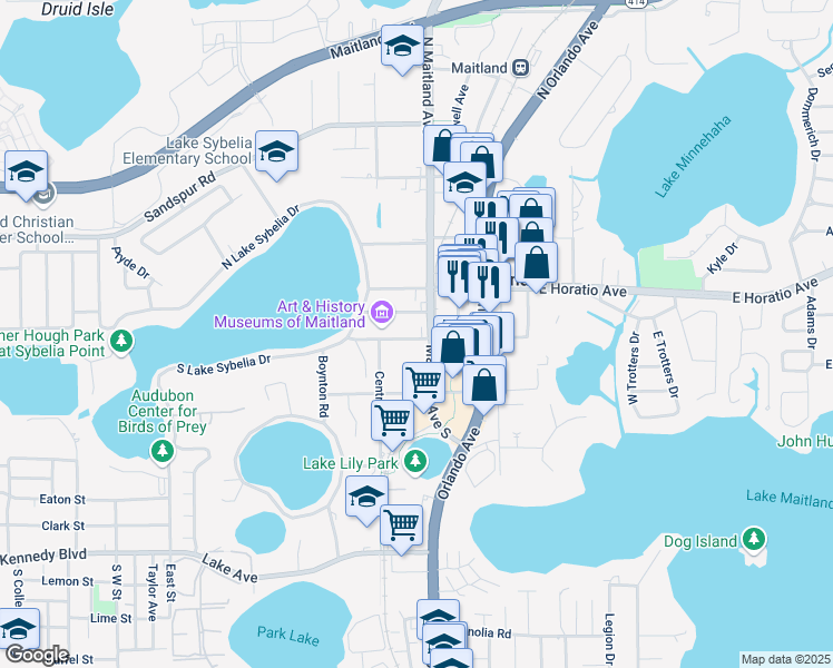 map of restaurants, bars, coffee shops, grocery stores, and more near 129 East Packwood Avenue in Maitland