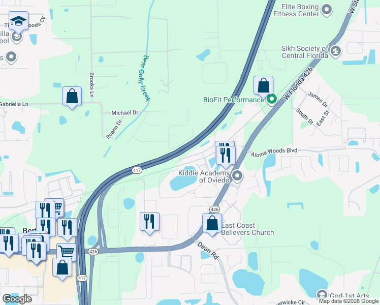 map of restaurants, bars, coffee shops, grocery stores, and more near 5390 Rutherford Place in Oviedo