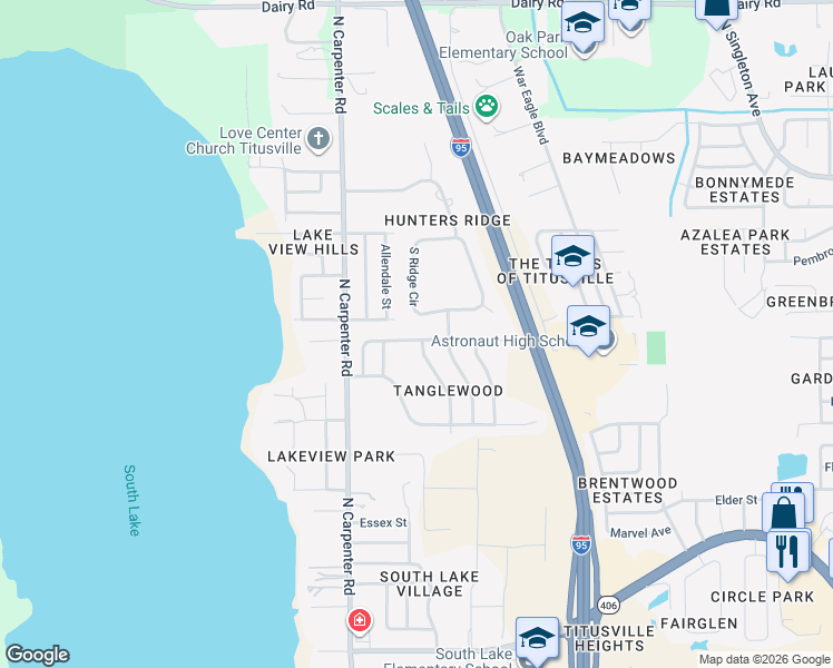 map of restaurants, bars, coffee shops, grocery stores, and more near 3966 Ridgewood Drive in Titusville
