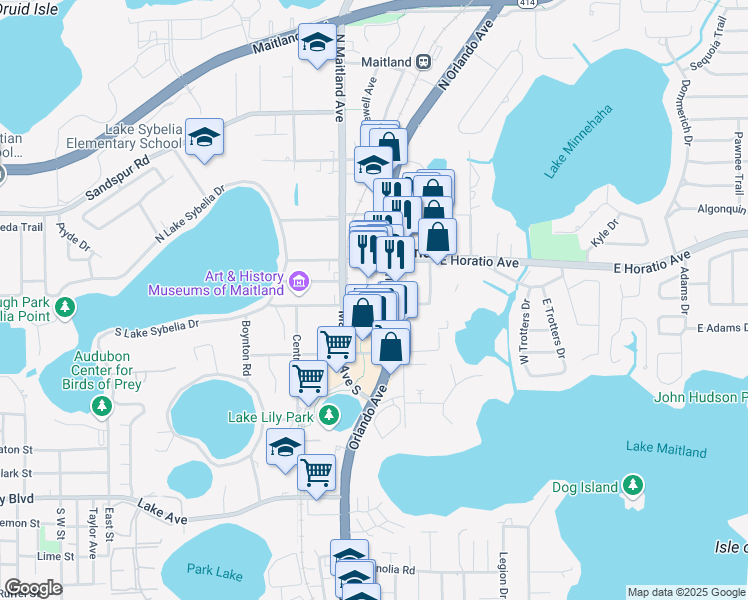 map of restaurants, bars, coffee shops, grocery stores, and more near 155 East Packwood Avenue in Maitland