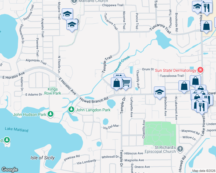 map of restaurants, bars, coffee shops, grocery stores, and more near 108 Sandlewood Trail in Winter Park