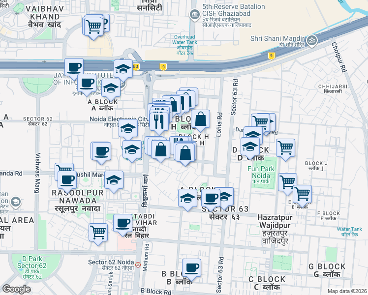 map of restaurants, bars, coffee shops, grocery stores, and more near H-107 Sector 63 Road in Noida