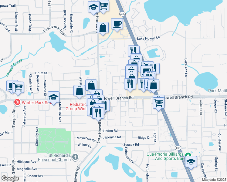 map of restaurants, bars, coffee shops, grocery stores, and more near 2101 Howell Branch Road in Maitland