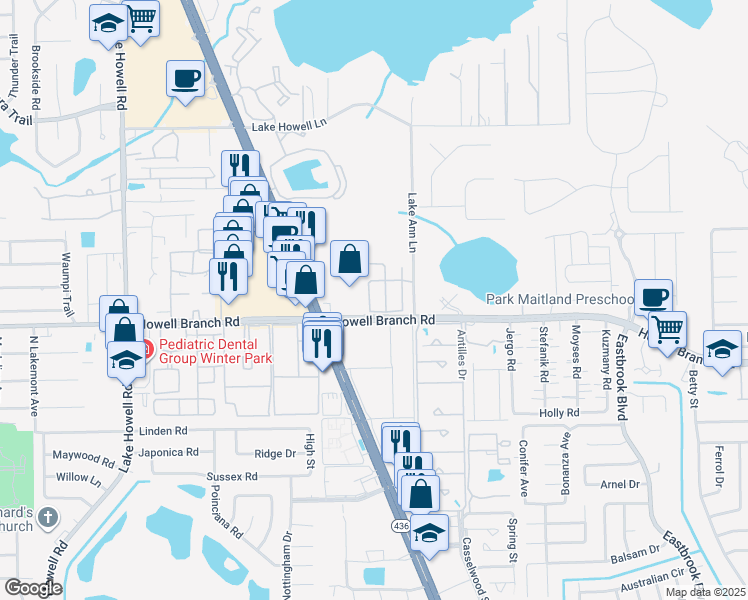 map of restaurants, bars, coffee shops, grocery stores, and more near 2593 Galliano Circle in Winter Park