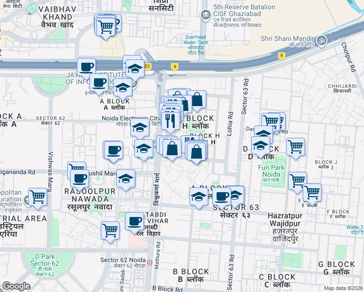 map of restaurants, bars, coffee shops, grocery stores, and more near in Noida