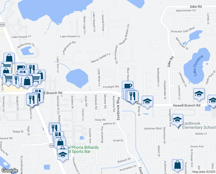 map of restaurants, bars, coffee shops, grocery stores, and more near 2440 Firstlight Way in Winter Park