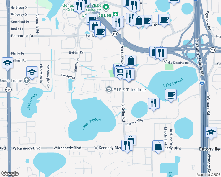 map of restaurants, bars, coffee shops, grocery stores, and more near 2401 Legacy Lake Drive in Maitland
