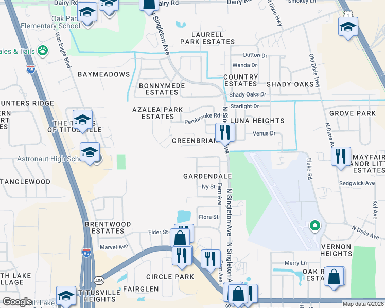 map of restaurants, bars, coffee shops, grocery stores, and more near 2932 Larkspur Street in Titusville
