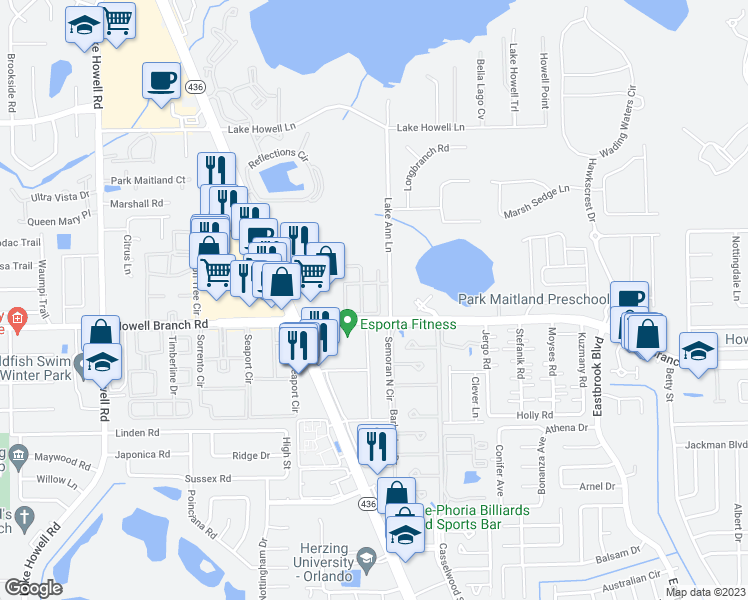 map of restaurants, bars, coffee shops, grocery stores, and more near 2669 Galliano Circle in Winter Park