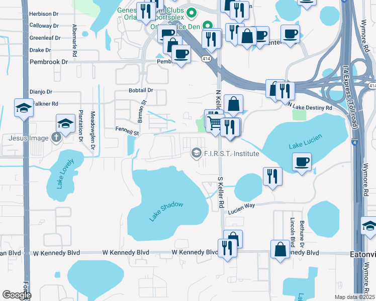 map of restaurants, bars, coffee shops, grocery stores, and more near 2401 Legacy Lake Drive in Maitland