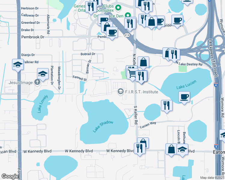 map of restaurants, bars, coffee shops, grocery stores, and more near 1100 Lake Shadow Circle in Maitland