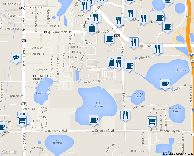 map of restaurants, bars, coffee shops, grocery stores, and more near 1475 Lake Shadow Circle in Maitland