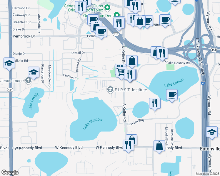 map of restaurants, bars, coffee shops, grocery stores, and more near 2401 Legacy Lake Drive in Maitland