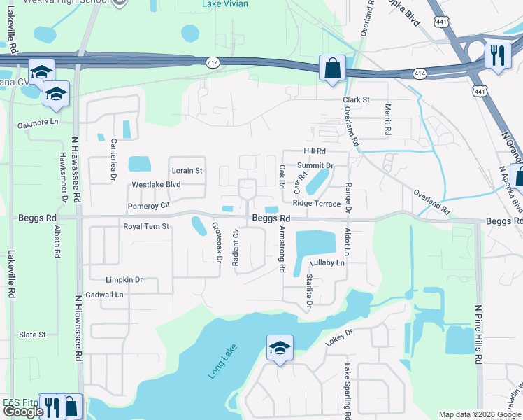 map of restaurants, bars, coffee shops, grocery stores, and more near 7601 Towhee Trail in Orlando