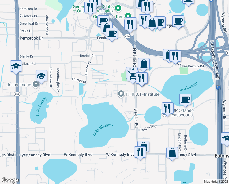 map of restaurants, bars, coffee shops, grocery stores, and more near 1517 Legacy Club Drive in Maitland