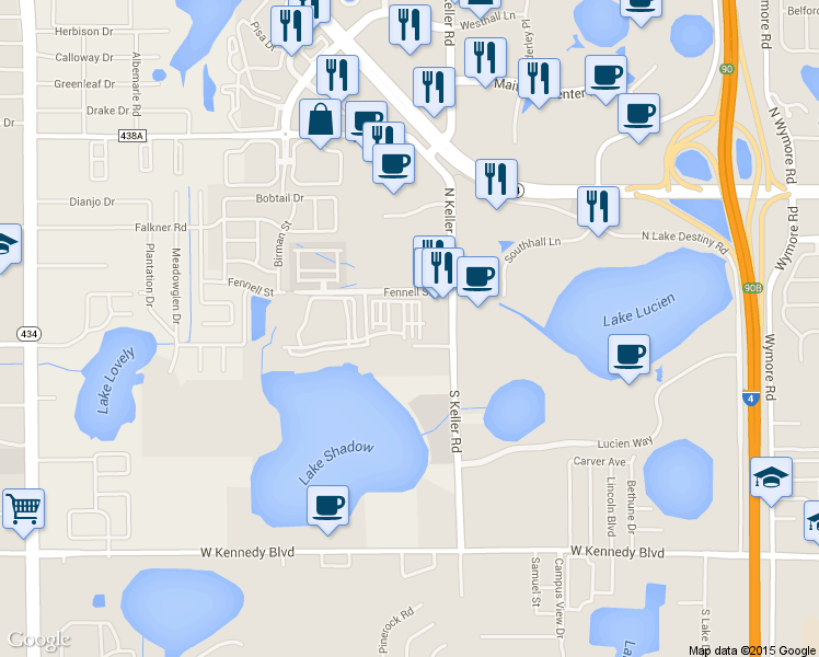 map of restaurants, bars, coffee shops, grocery stores, and more near 2401 Legacy Lake Drive in Maitland