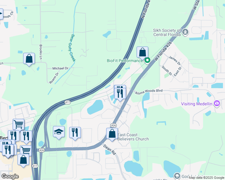 map of restaurants, bars, coffee shops, grocery stores, and more near 5549 Rutherford Place in Oviedo