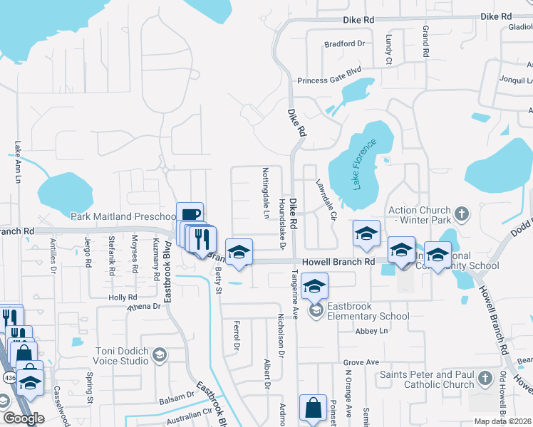 map of restaurants, bars, coffee shops, grocery stores, and more near 2001 Nottingdale Lane in Winter Park