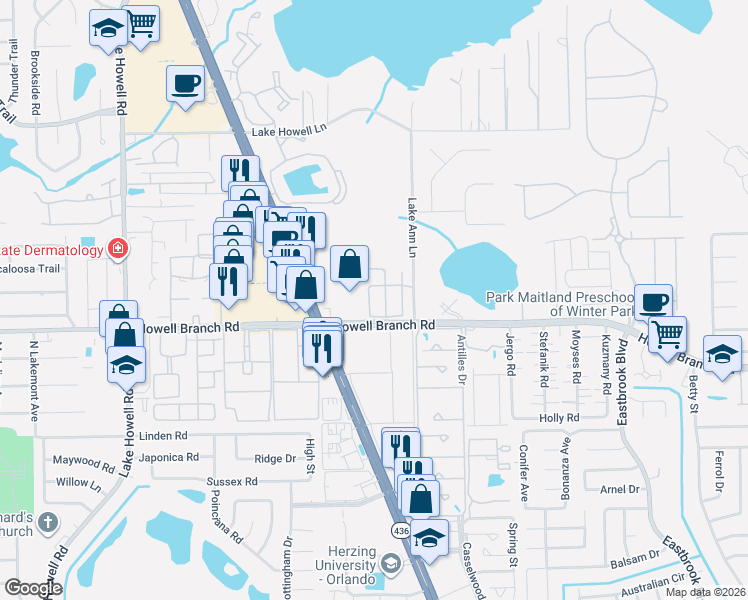 map of restaurants, bars, coffee shops, grocery stores, and more near 2593 Galliano Circle in Winter Park