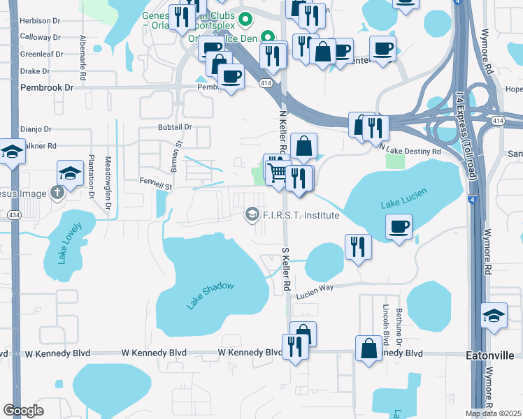 map of restaurants, bars, coffee shops, grocery stores, and more near 2401 Legacy Lake Drive in Maitland
